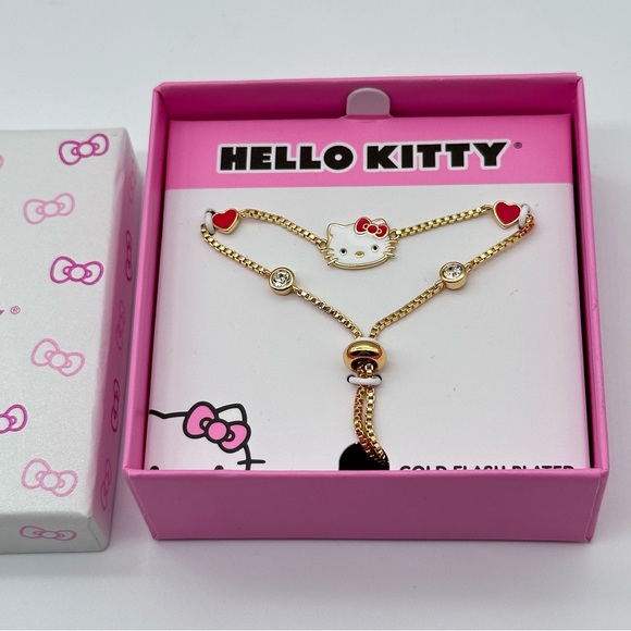 Hello Kitty Bracelet with Crystals + Red Hearts, 18k Gold Flash-Plate - Picture 3 of 7